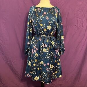 Ann Taylor Navy Floral Long-Sleeve Tie-Waist Dress. Size M.